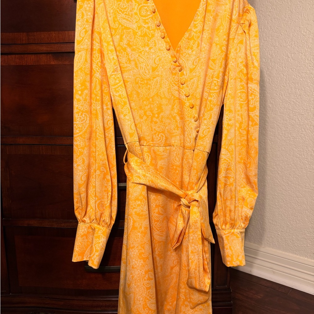 Elegant Long Sleeve Yellow Paisley Dress